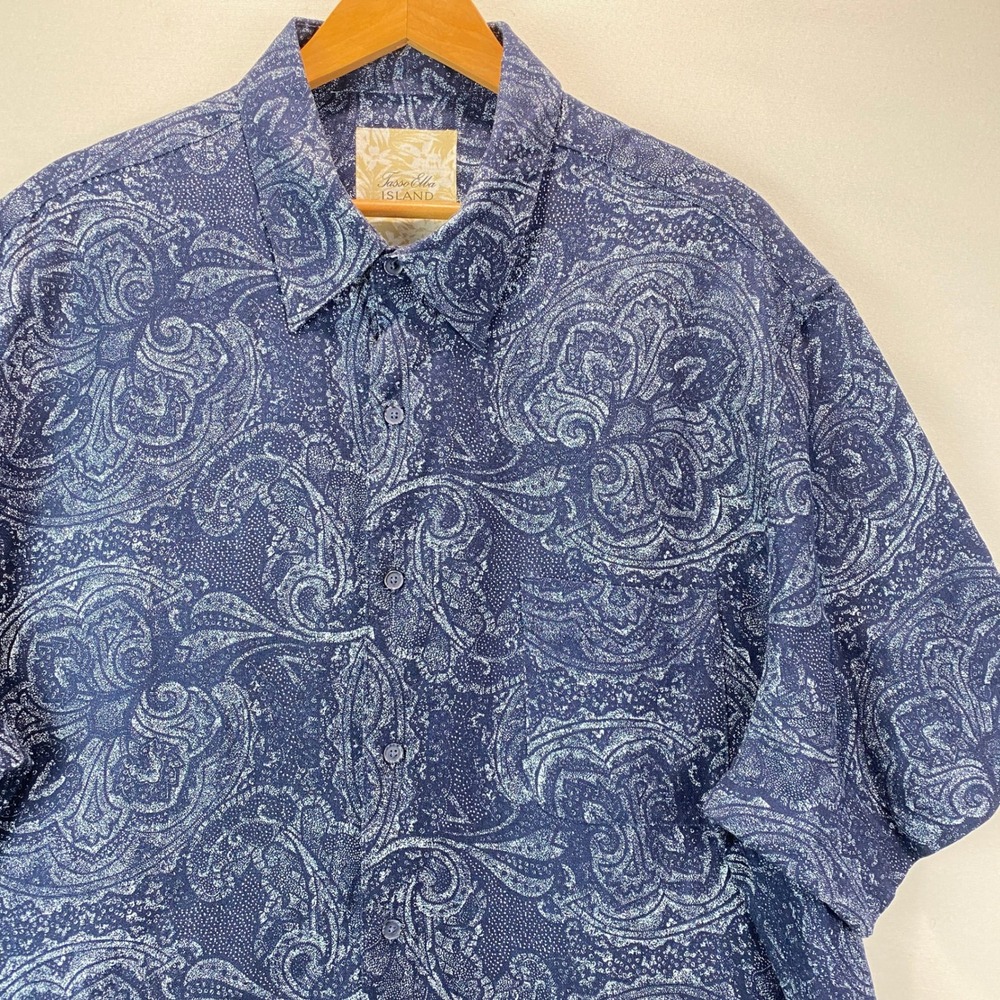 Tasso‎ Elba Island Paisley Silk Linen Shirt Mens XXL Blue Short Sleeve Button Up